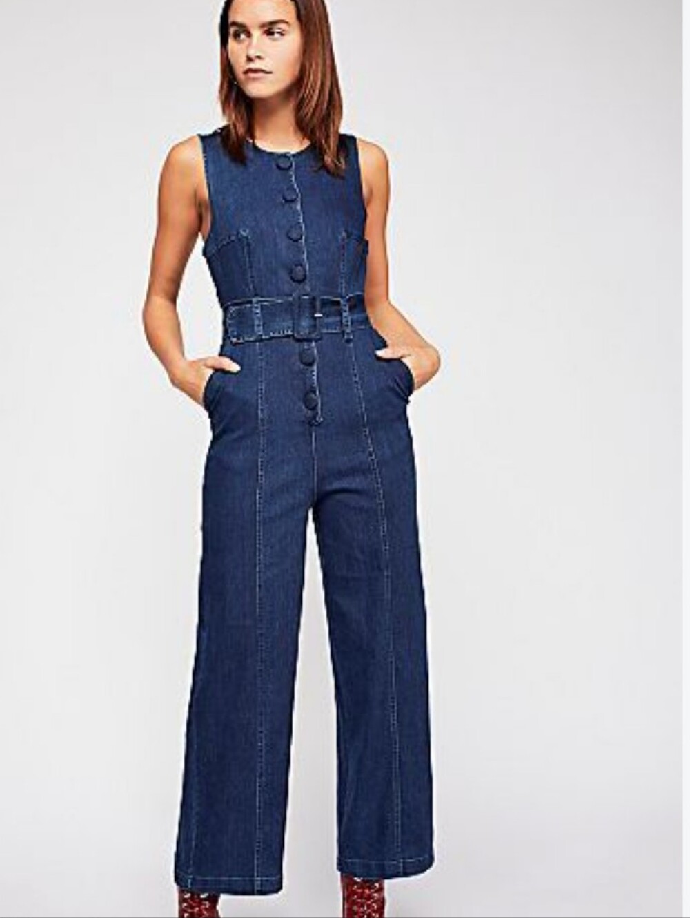 Free People Stretch Denim Buttondown Jumpsuit Blue Size 0 *no Belt